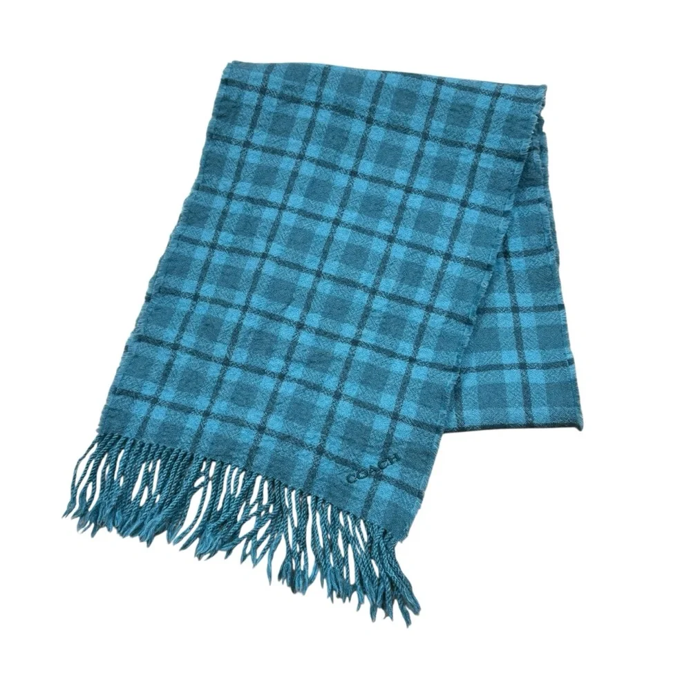 Ladies Coach Reversible Signature Plaid Double Face Fringe‎ End Scarf Dark Teal